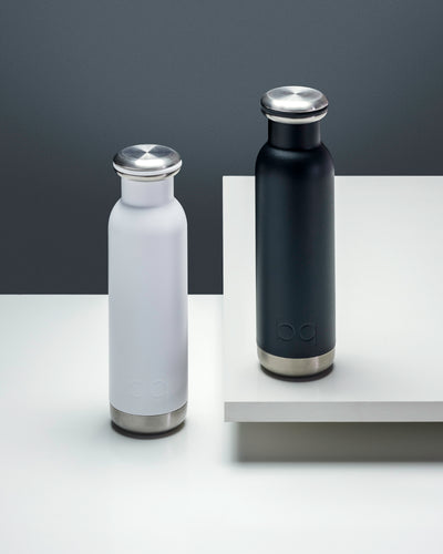 two black and white hydration bottles